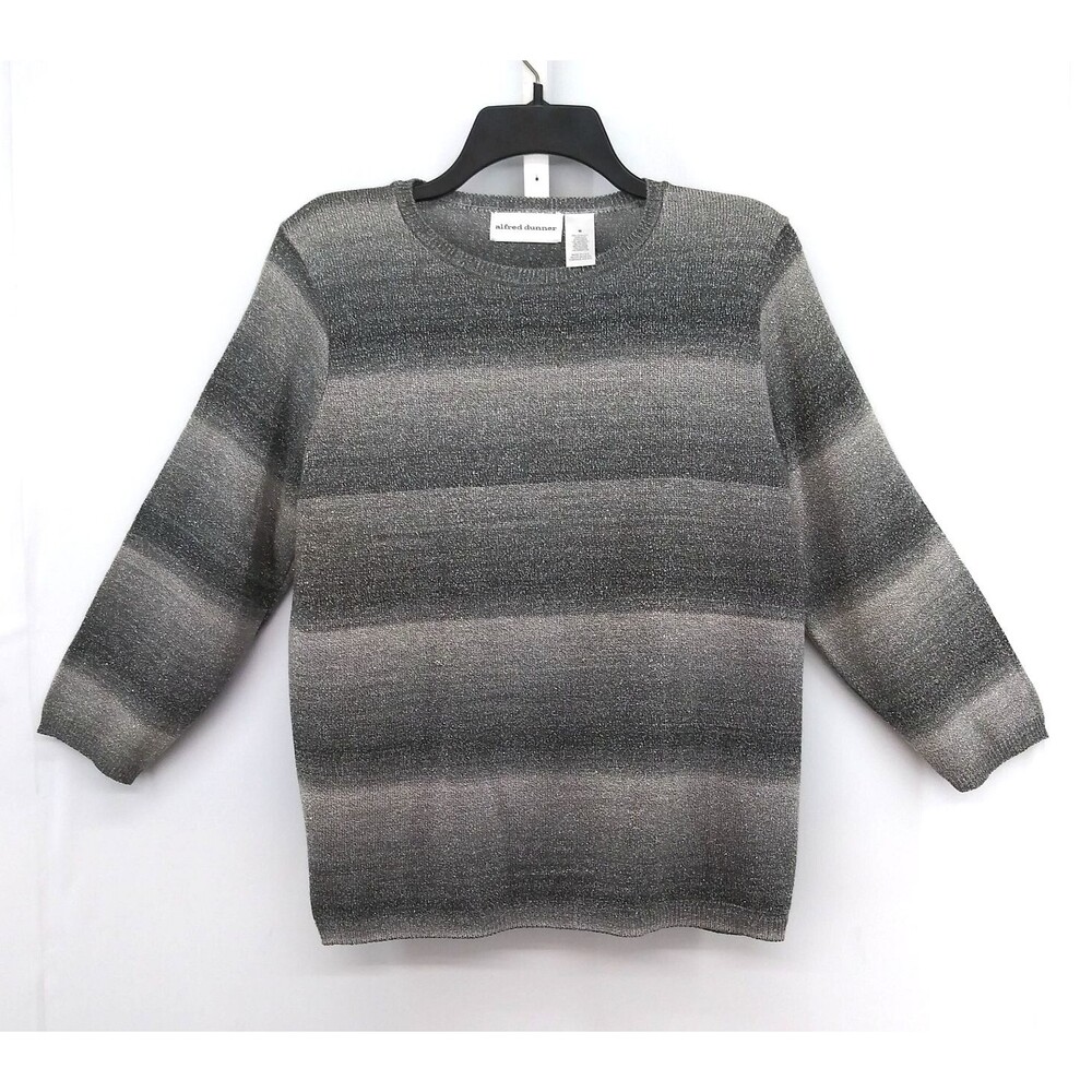 Alfred Dunner Shirt Women Size M Silver Fade Stripe 3/4 Sleeve Round Neck Top